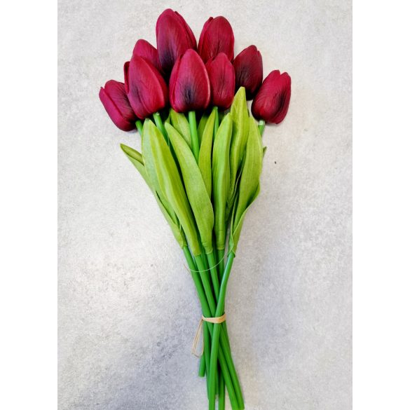 10 szálas Tulipán csokor - élethű - 35 cm - bordó