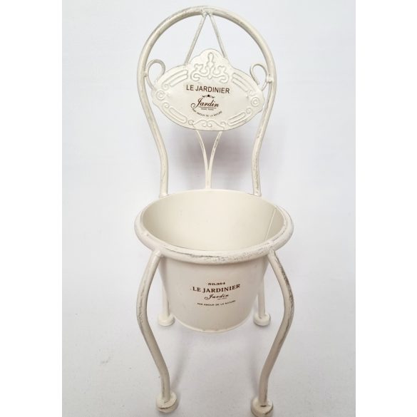 Vintage stílusú fém virágtartó szék, - kaspó -  fehér
