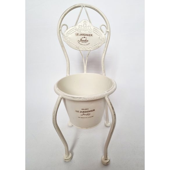 Vintage stílusú fém virágtartó szék, - kaspó -  fehér